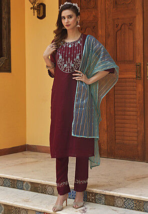 Embroidered Chinon Crepe Pakistani Suit in Wine