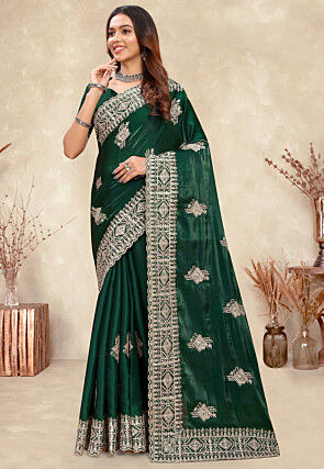 Thread Embroidered Chinon Silk Bottle Green Saree With Peach