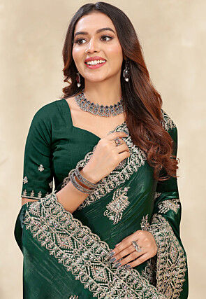 Embroidered Chinon Crepe Scalloped Saree in Dark Green