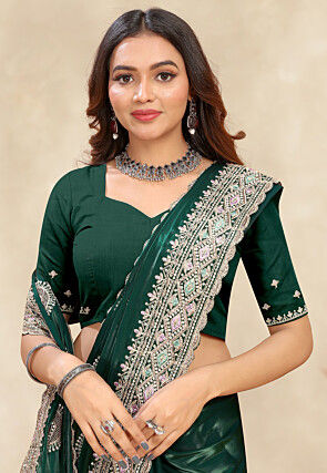 Embroidered Chinon Crepe Scalloped Saree in Dark Green