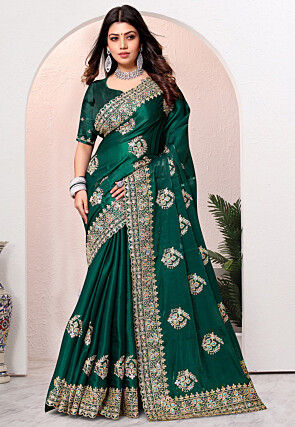 Embroidered Chinon Crepe Scalloped Saree in Dark Green