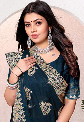 Embroidered Chinon Crepe Scalloped Saree in Dark Teal Blue