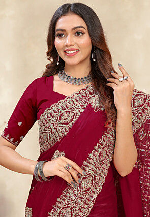 Embroidered Chinon Crepe Scalloped Saree in Maroon