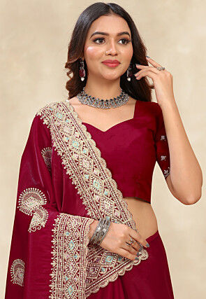 Embroidered Chinon Crepe Scalloped Saree in Maroon