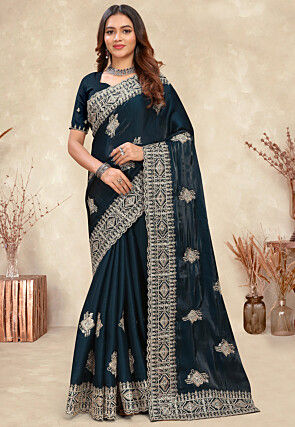 Navy Blue Crepe Plain Saree With An Embroidered Belt