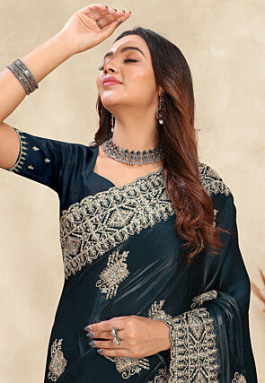 Embroidered Chinon Crepe Scalloped Saree in Teal Green