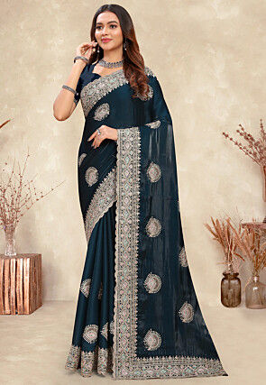 Embroidered Chinon Crepe Scalloped Saree in Teal Green