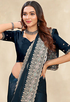 Embroidered Chinon Crepe Scalloped Saree in Teal Green