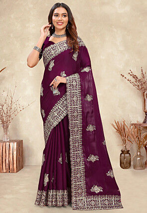 Embroidered Chinon Crepe Scalloped Saree in Wine