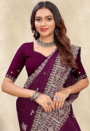 Embroidered Chinon Crepe Scalloped Saree in Wine