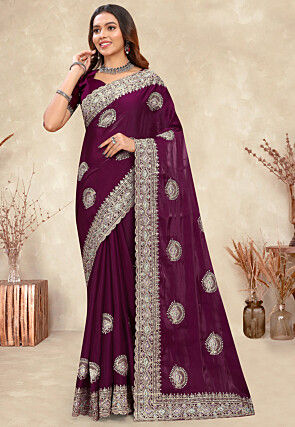 Embroidered Chinon Crepe Scalloped Saree in Wine