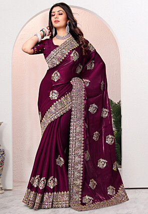 Embroidered Chinon Crepe Scalloped Saree in Wine
