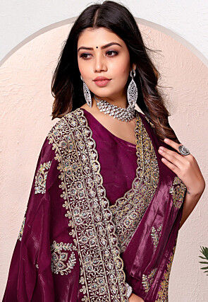 Embroidered Chinon Crepe Scalloped Saree in Wine