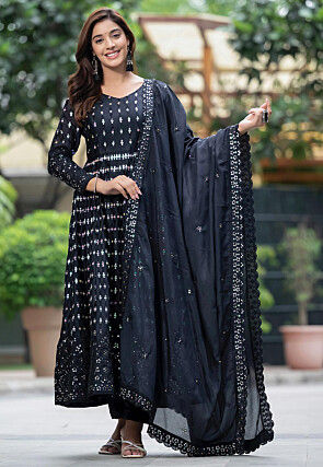 Embroidered Chinon Silk A Line Suit in Black