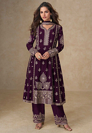 Embroidered Chinon Silk A Line Suit in Purple