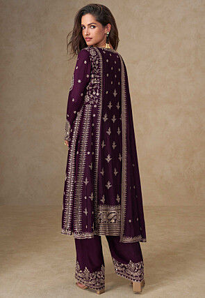 Embroidered Chinon Silk A Line Suit in Purple