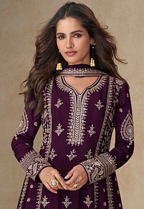 Embroidered Chinon Silk A Line Suit in Purple