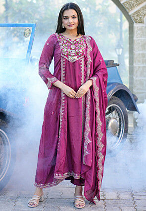 Embroidered Chinon Silk A Line Suit in Purple