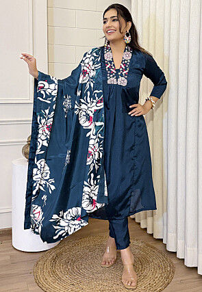 Embroidered Chinon Silk A Line Suit in Teal Blue