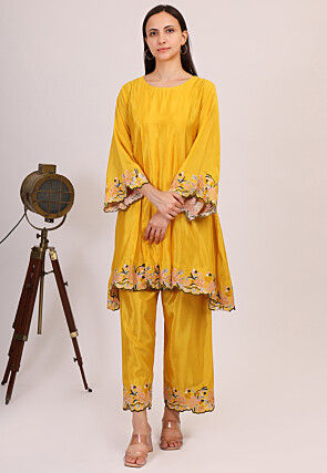 Embroidered Chinon Silk A Line Tunic Set in Yellow