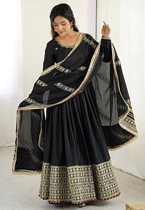 Embroidered Chinon Silk Abaya Style Suit in Black