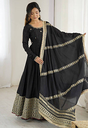 Embroidered Chinon Silk Abaya Style Suit in Black