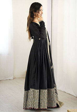 Embroidered Chinon Silk Abaya Style Suit in Black