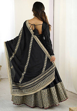 Embroidered Chinon Silk Abaya Style Suit in Black