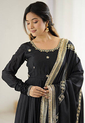 Embroidered Chinon Silk Abaya Style Suit in Black