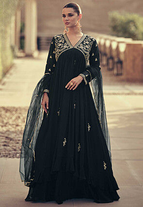 Embroidered Chinon Silk Abaya Style Suit in Black