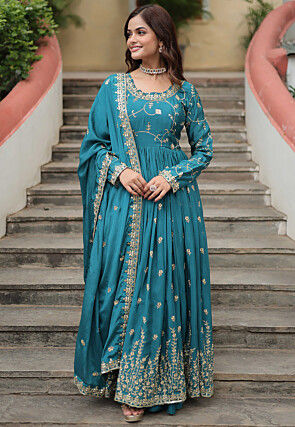 Embroidered Chinon Silk Abaya Style Suit in Blue