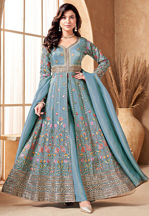 Embroidered Chinon Silk Abaya Style Suit in Blue