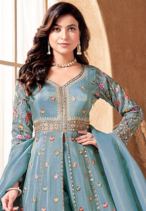 Embroidered Chinon Silk Abaya Style Suit in Blue