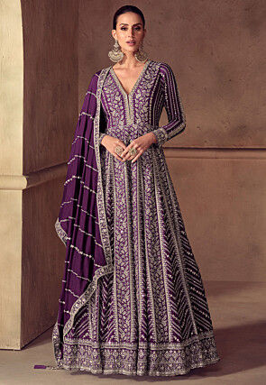 Embroidered Chinon Silk Abaya Style Suit in Dark Purple
