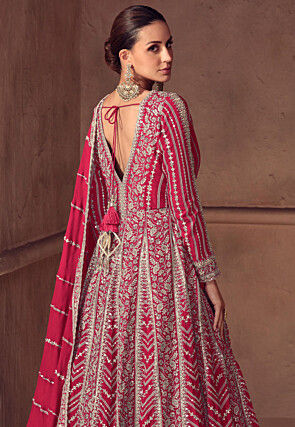 Embroidered Chinon Silk Abaya Style Suit in Fuchsia