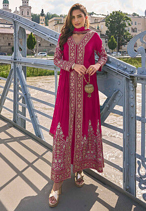 Embroidered Chinon Silk Abaya Style Suit in Fuchsia