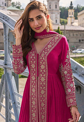 Embroidered Chinon Silk Abaya Style Suit in Fuchsia