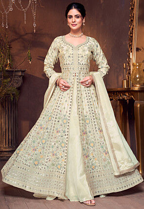 Embroidered Chinon Silk Abaya Style Suit in Light Beige