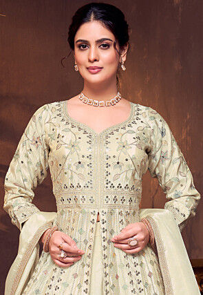 Embroidered Chinon Silk Abaya Style Suit in Light Beige