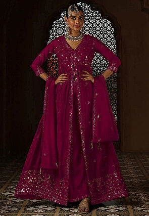 Embroidered Chinon Silk Abaya Style Suit in Magenta