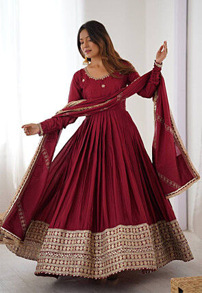 Embroidered Chinon Silk Abaya Style Suit in Maroon