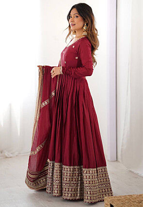 Embroidered Chinon Silk Abaya Style Suit in Maroon