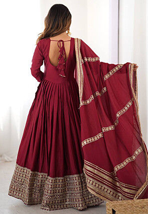 Embroidered Chinon Silk Abaya Style Suit in Maroon