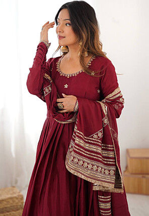 Embroidered Chinon Silk Abaya Style Suit in Maroon