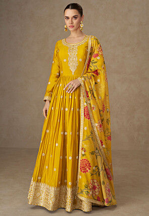 Embroidered Chinon Silk Abaya Style Suit in Mustard