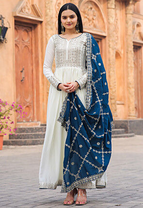 Embroidered Chinon Silk Abaya Style Suit in Off White