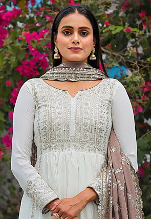 Embroidered Chinon Silk Abaya Style Suit in Off White