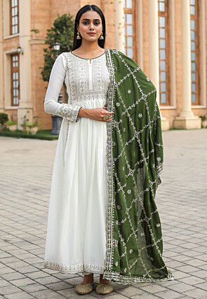 Embroidered Chinon Silk Abaya Style Suit in Off White