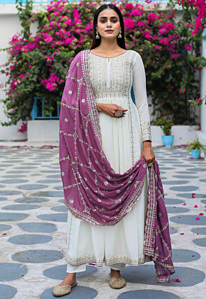 Embroidered Chinon Silk Abaya Style Suit in Off White