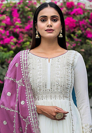 Embroidered Chinon Silk Abaya Style Suit in Off White